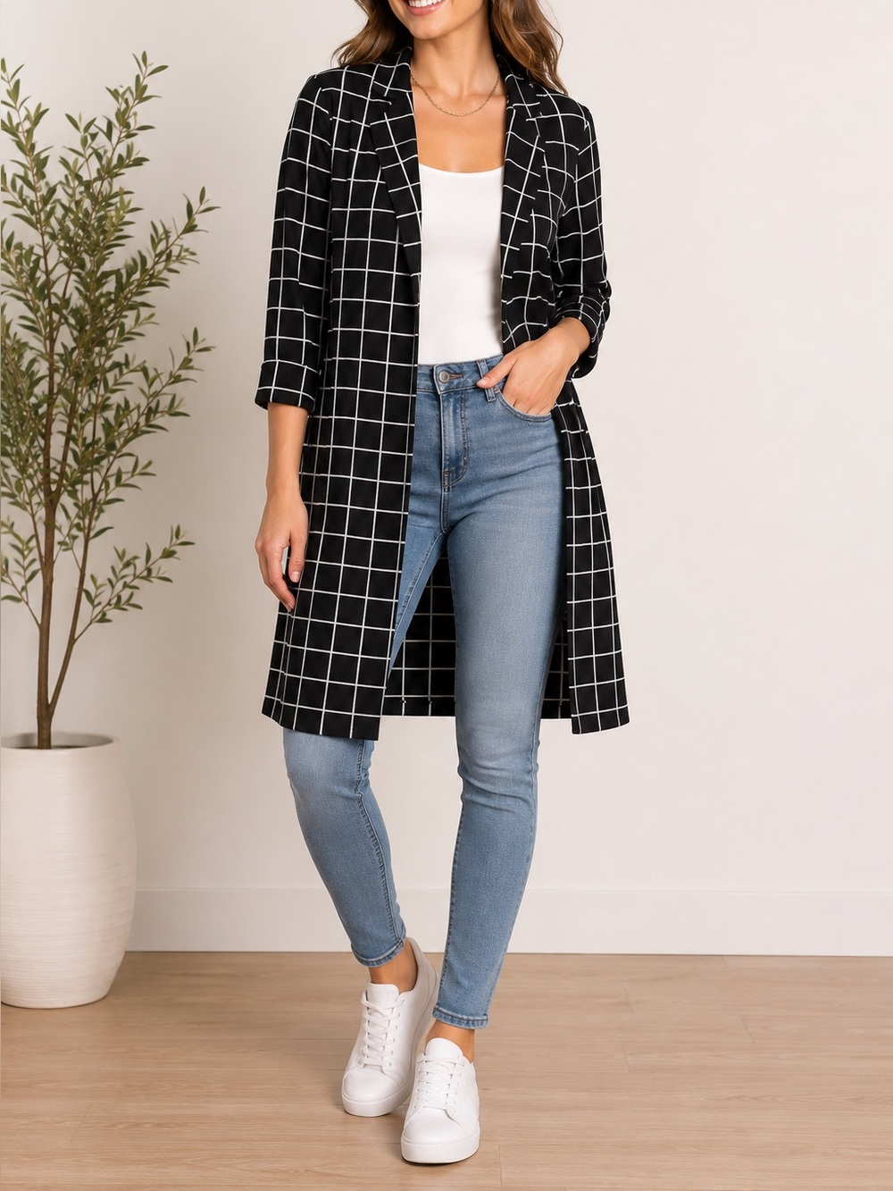 Doe & Rae Black Windowpane Long Blazer Coat